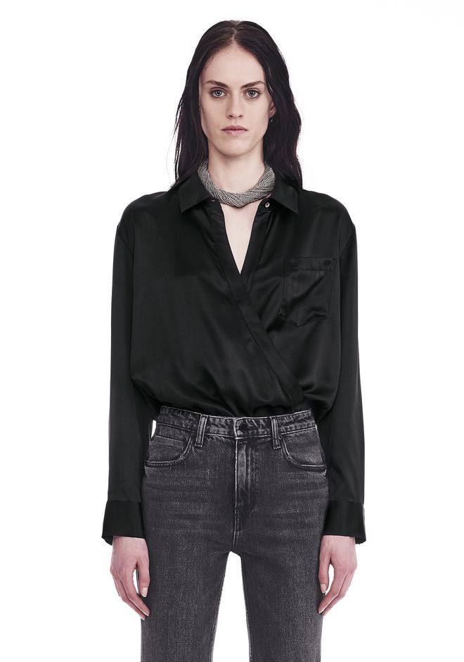 Alexander Wang âSILK CHARMEUSE LONG SLEEVE WRAP SHIRT BODYSUIT â âTOPâ | Official Site