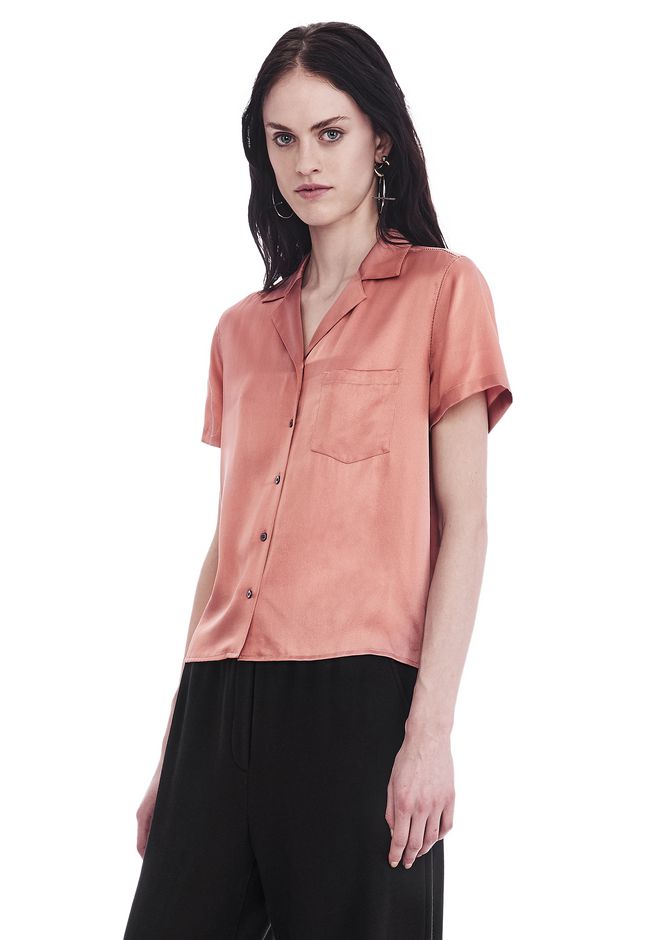 Alexander Wang ‎SILK CHARMEUSE SHORT SLEEVE COLLARED SHIRT ‎ ‎TOP
