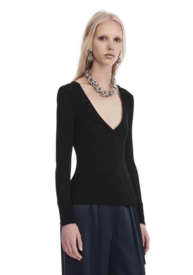 Alexander Wang âSHEER WOOLY RIB L/S DEEPV TOP â âTOPâ | Official Site