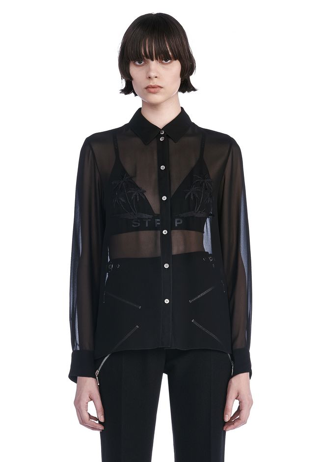 Alexander Wang ‎COLLARED SHEER SHIRT WITH ENGINEERED EMBROIDERY ‎ ‎TOP ...