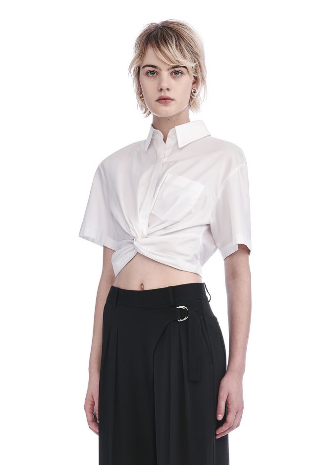 Alexander Wang ‎TWIST FRONT SHORT SLEEVE CROP SHIRT ‎ ‎TOP‎ |Official Site