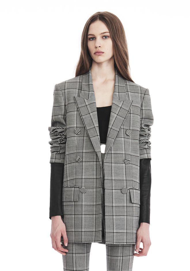 Alexander Wang ‎CHECK TAILORING BLAZER WITH LEATHER SLEEVES ‎ ‎JACKETS AND OUTERWEAR